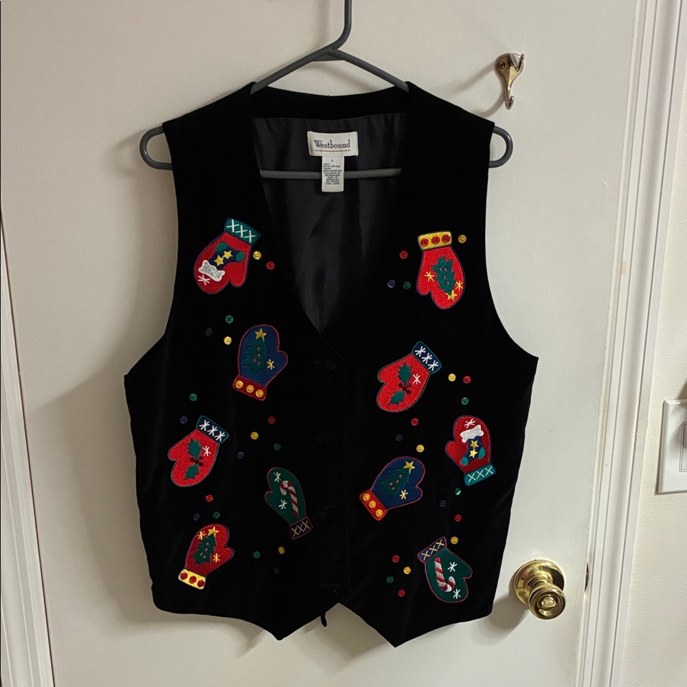 Westbound Black Christmas Vest with Colorful Mittens in Sz L